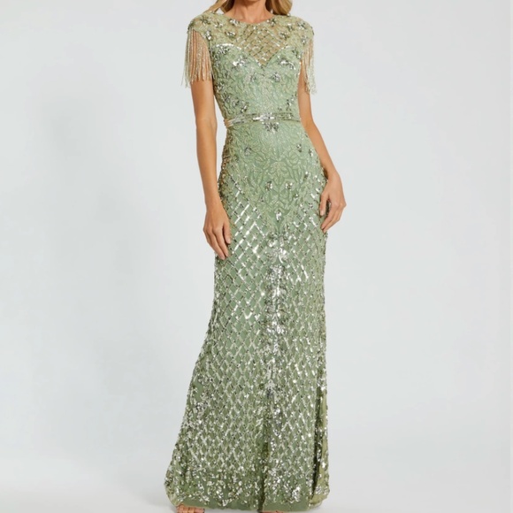 MAC DUGGAL 4908 high neck sleeveless beaded fringe fitted sage GOWN sz 4 - Picture 2 of 5
